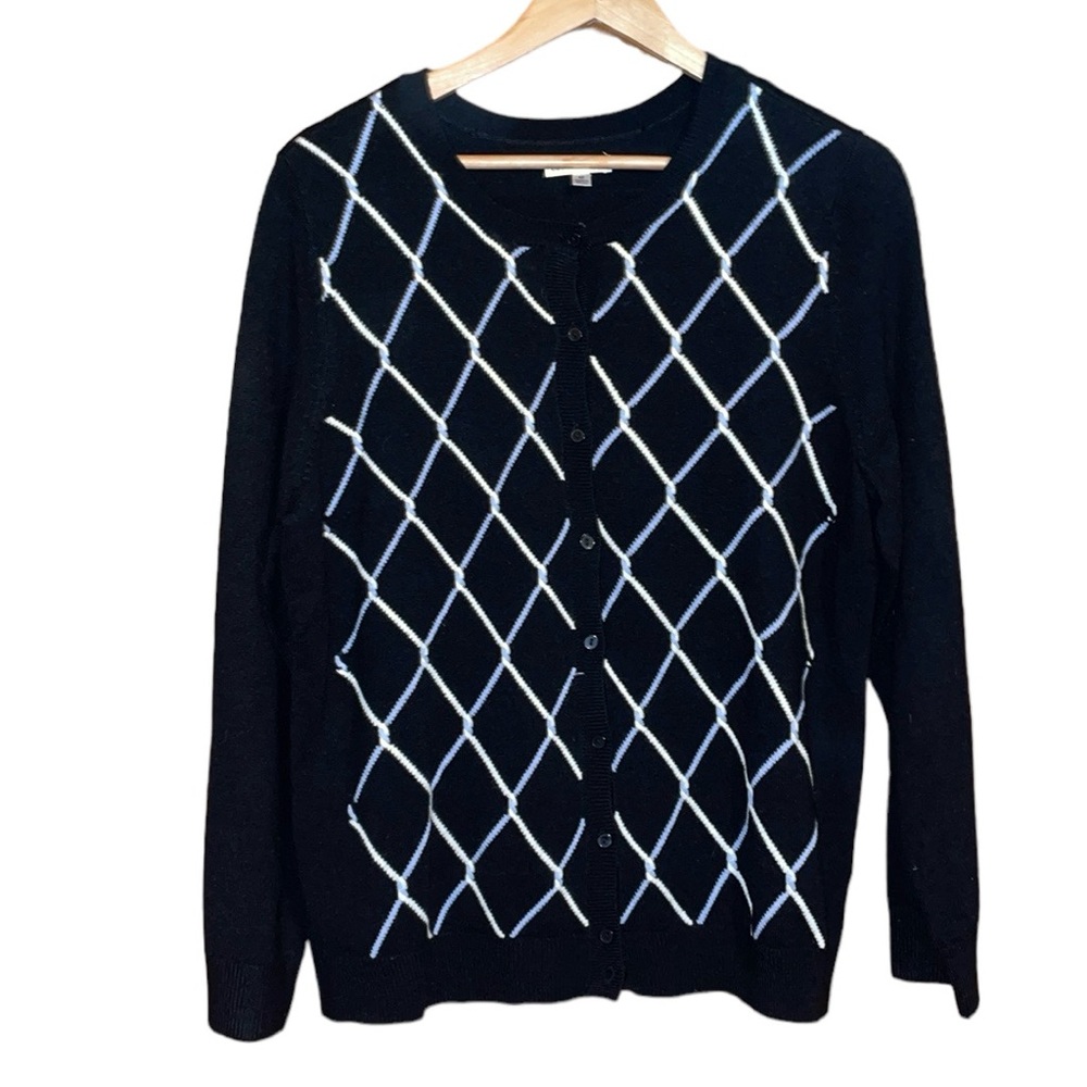 •CROFT & BARROW•BLACK/LIGHT BLUE/WHITE CREWNECK BUTTON-UP KNIT SWEATER  MEDIUM